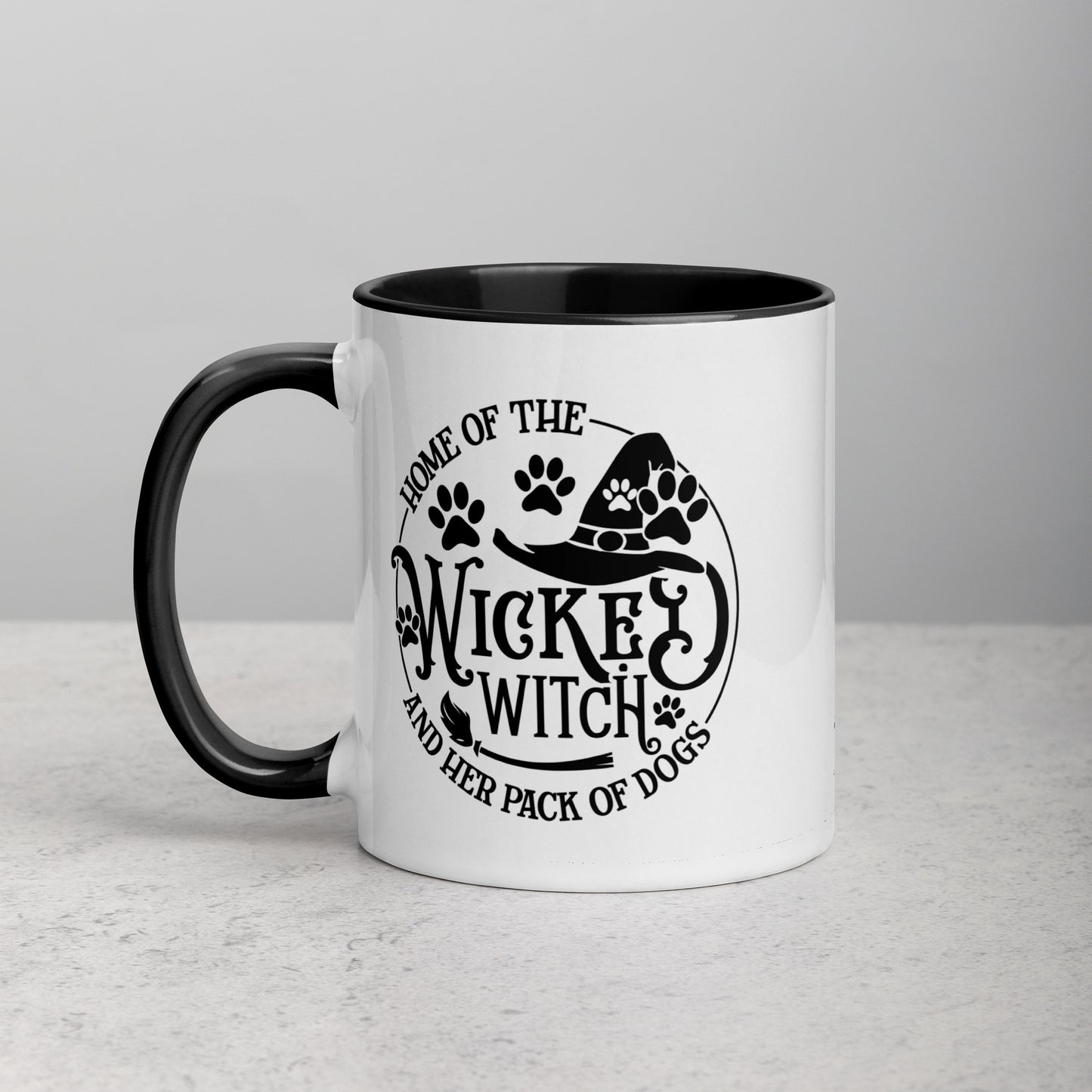 Wicked Witch and Her Pack of Dogs black and white mug