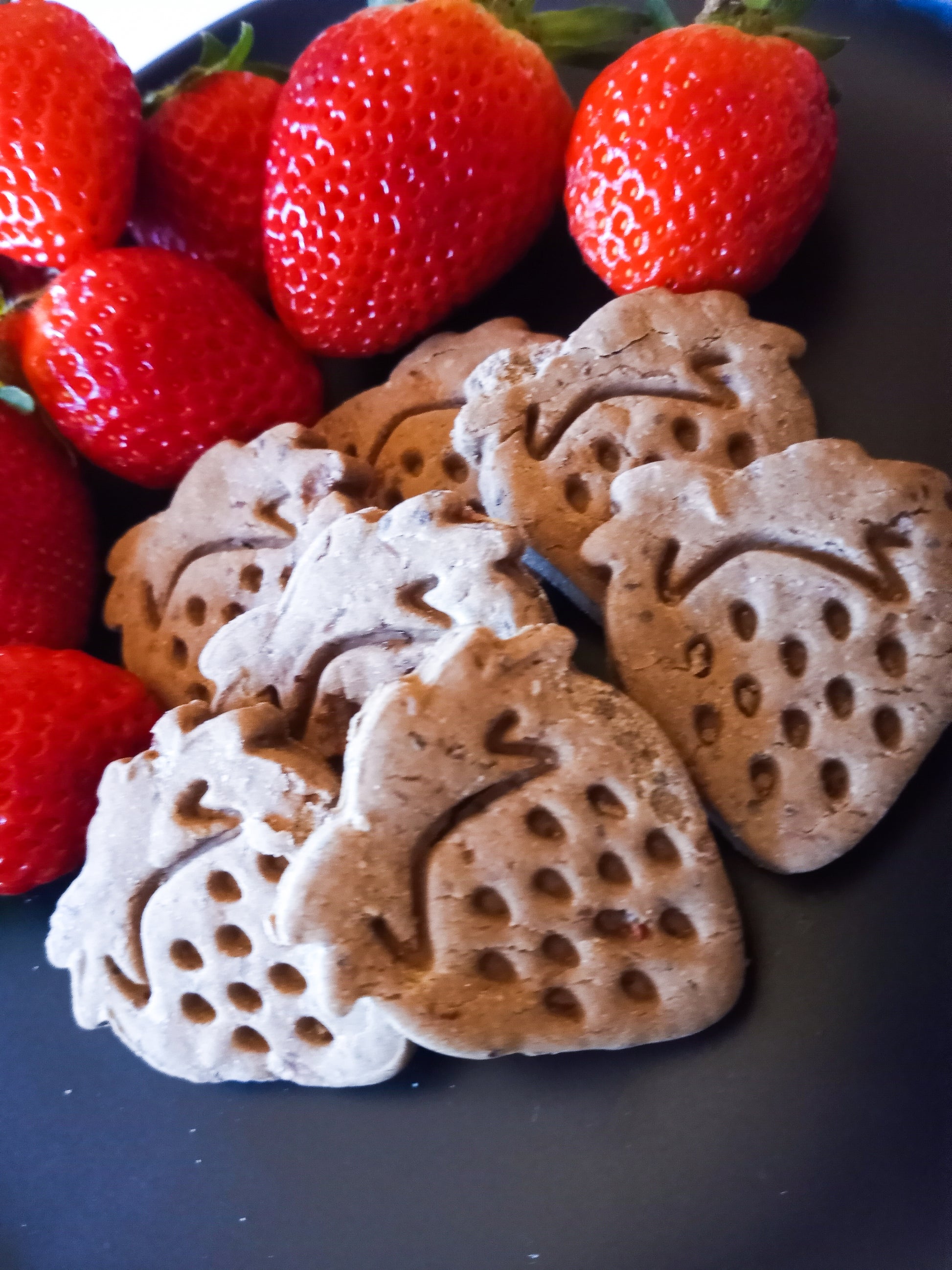 Chocolate Covered Strawberry Biscuits featuring unsweetened carob powder & strawberries in cute strawberry shapes.